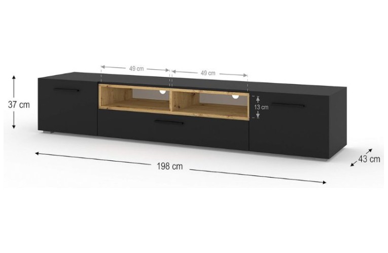 Έπιπλο Τηλεόρασης Anette 198cm – Μαύρο Ματ & χρώμα Δρυός Artisan 