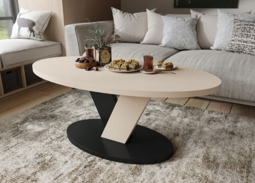 Τραπεζάκι σαλονιού LOVA Μπεζ Σαμπανί & Μαύρο Ματ – Οβάλ μοντέρνο τραπέζι με βάση “V”  Τραπεζάκι σαλονιού LOVA Μπεζ Σαμπανί & Μαύρο Ματ – Οβάλ μοντέρνο τραπέζι με βάση “V”