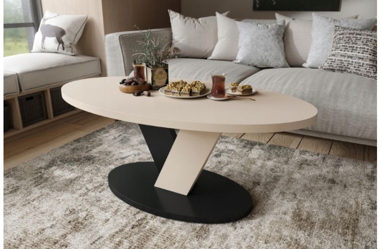 Τραπεζάκι σαλονιού LOVA Μπεζ Σαμπανί & Μαύρο Ματ – Οβάλ μοντέρνο τραπέζι με βάση “V”  Τραπεζάκι σαλονιού LOVA Μπεζ Σαμπανί & Μαύρο Ματ – Οβάλ μοντέρνο τραπέζι με βάση “V”