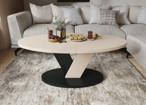 Τραπεζάκι σαλονιού LOVA Μπεζ Σαμπανί & Μαύρο Ματ – Οβάλ μοντέρνο τραπέζι με βάση “V”  Τραπεζάκι σαλονιού LOVA Μπεζ Σαμπανί & Μαύρο Ματ – Οβάλ μοντέρνο τραπέζι με βάση “V”