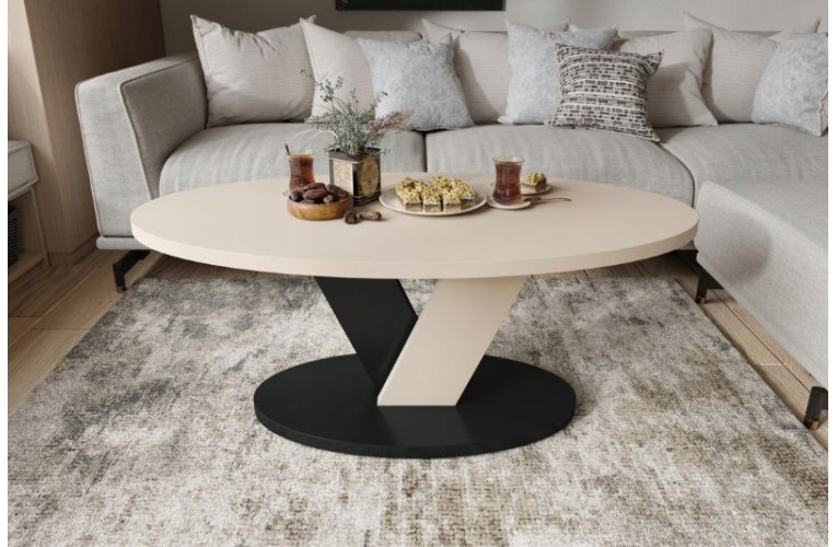 Τραπεζάκι σαλονιού LOVA Μπεζ Σαμπανί & Μαύρο Ματ – Οβάλ μοντέρνο τραπέζι με βάση “V”  Τραπεζάκι σαλονιού LOVA Μπεζ Σαμπανί & Μαύρο Ματ – Οβάλ μοντέρνο τραπέζι με βάση “V”