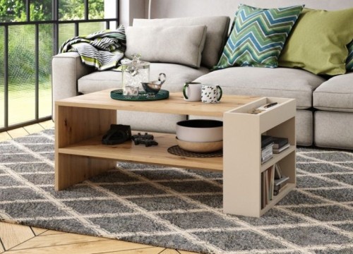 Τραπεζάκι σαλονιού NEFRI Δρυς Artisan & Μπεζ – Μοντέρνο τραπέζι καφέ με ράφι, βοηθητικό αποθηκευτικό χώρο και ενσωματωμένη θήκη