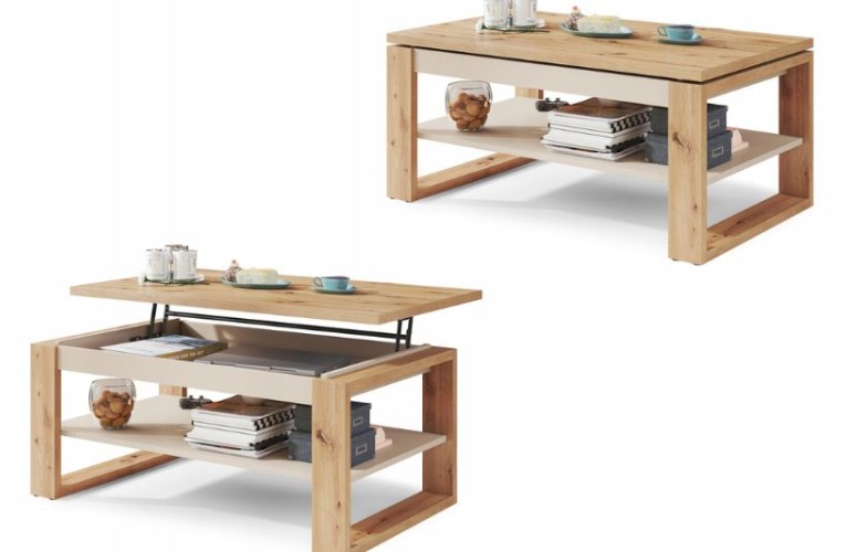 Τραπεζάκι σαλονιού NUO χρώμα Δρυός Artisan & Μπεζ – Ανυψούμενο τραπέζι καφέ με σερβιτόρο, αποθηκευτικό χώρο και ράφι Τραπεζάκι σαλονιού NUO χρώμα Δρυός Artisan & Μπεζ – Ανυψούμενο τραπέζι καφέ με σερβιτόρο, αποθηκευτικό χώρο και ράφι