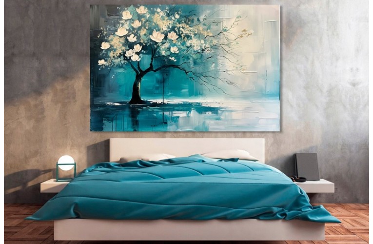 Πίνακας σε καμβά "Μοντέρνα Ζωγραφική Λευκό,Μπλε - Δένδρο,Λουλούδια"90Χ60