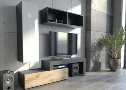 Σύνθετο σαλονιού MILANO 140-200 Μαύρο - χρώμα δρυός WOTAM-Λευκό